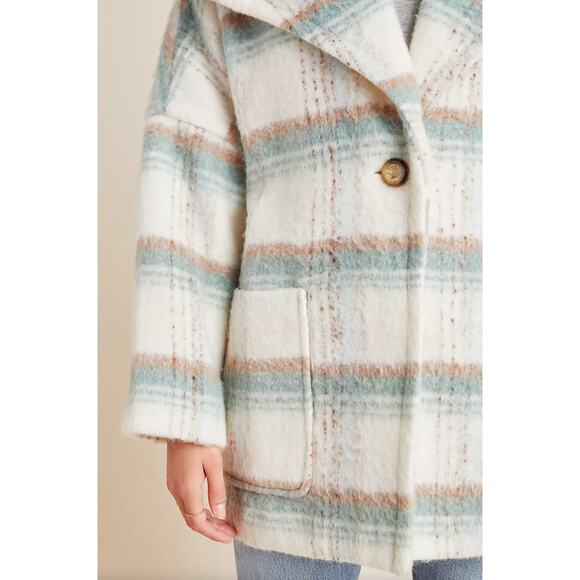 ANTHROPOLOGIE Elsa Plaid Coat Jacket Wool Ivory Teal Tan - Picture 4 of 9